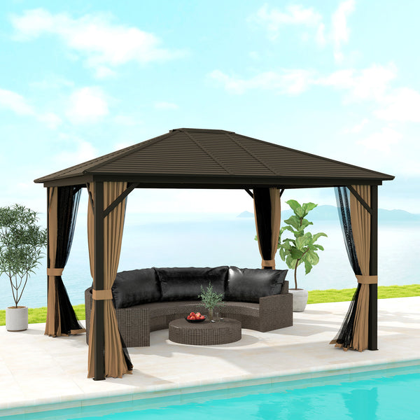 Outsunny 10' X 12' Hardtop Gazebo With Curtains Netting & Aluminum Frame - Coffee