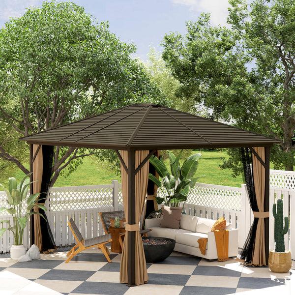 Outsunny 10' X 12' Hardtop Gazebo With Curtains Netting & Aluminum Frame - Coffee