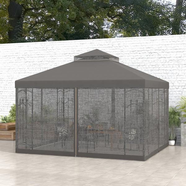Outsunny 10' X 12' Patio Gazebo With Corner Shelves Double Roof & Netting Gray