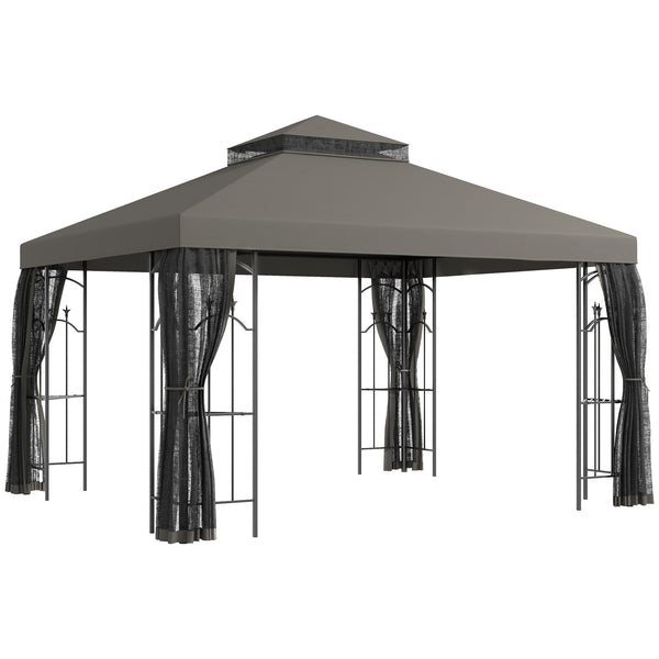 outsunny 10' x 12' Patio Gazebo with Corner Shelves Double Roof & Netting Gray