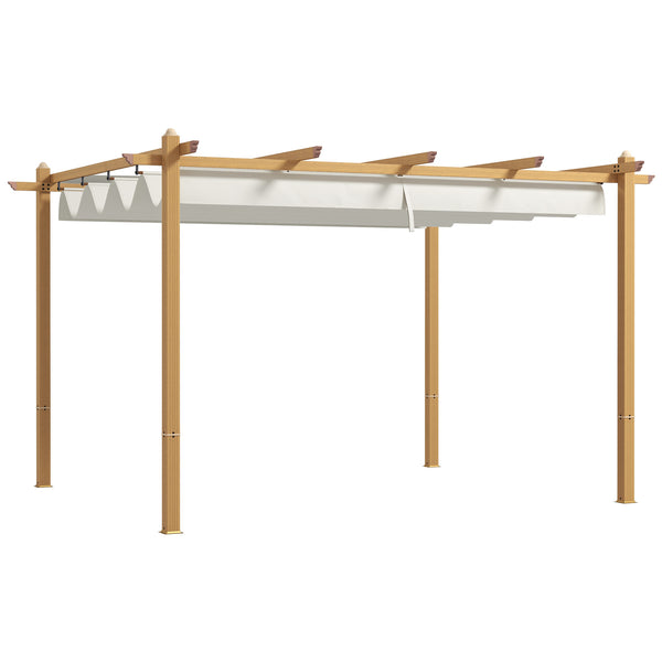 outsunny 10' x 12' Retractable Pergola Canopy Wood Grain Aluminum Frame for Outdoor Shade Shelter Cream