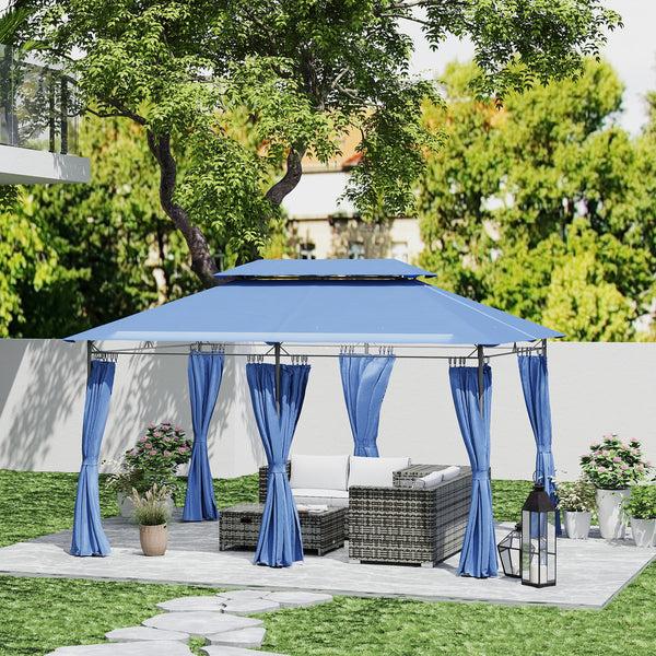 Outsunny 10' X 13' Double Roof Patio Gazebo With Weather-Resistant Curtains Dark Blue