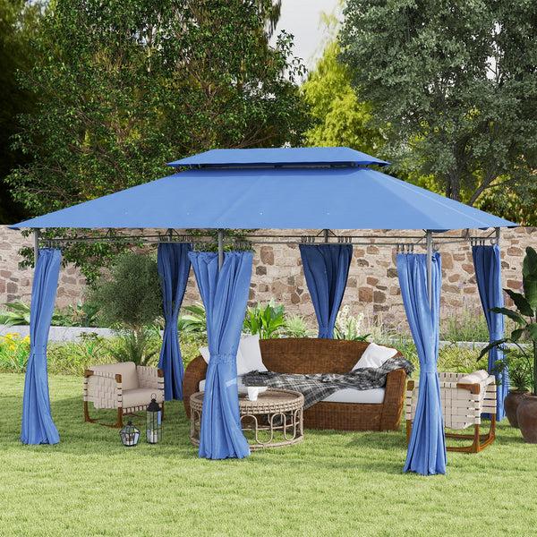 Outsunny 10' X 13' Double Roof Patio Gazebo With Weather-Resistant Curtains Dark Blue