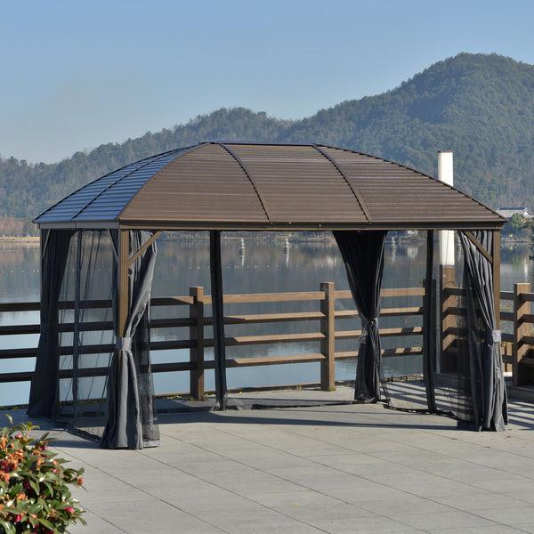 Outsunny 10' X 13' Hardtop Gazebo With Curtains Netting Steel Roof Ceiling Hook Gray