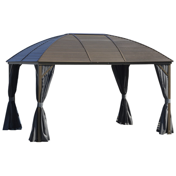 outsunny 10' x 13' Hardtop Gazebo with Curtains Netting Steel Roof Ceiling Hook Gray