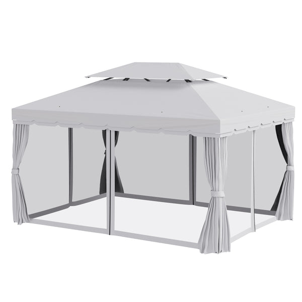 Outsunny 10' X 13' Patio Gazebo With Aluminum Frame Double Roof Netting & Light Gray Curtains