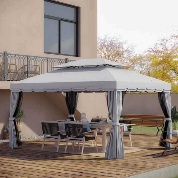 Outsunny 10' X 13' Patio Gazebo With Aluminum Frame Double Roof Netting & Light Gray Curtains