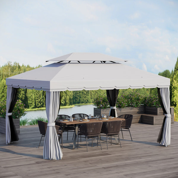 Outsunny 10' X 13' Patio Gazebo With Aluminum Frame Double Roof Netting & Light Gray Curtains
