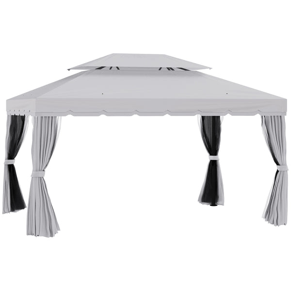 outsunny 10' x 13' Patio Gazebo with Aluminum Frame Double Roof Netting & Light Gray Curtains