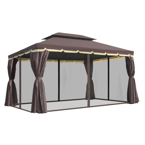 Outsunny 10' X 13' Patio Gazebo With Outdoor Canopy Shelter Aluminum Frame Netting Curtains Coffee