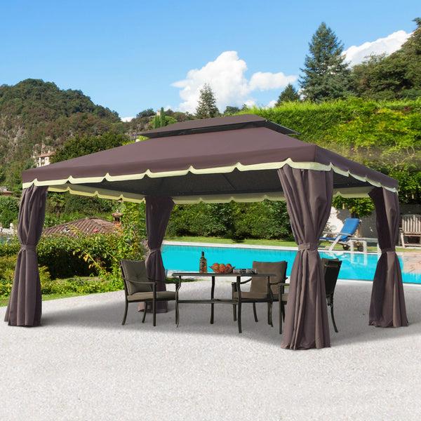 Outsunny 10' X 13' Patio Gazebo With Outdoor Canopy Shelter Aluminum Frame Netting Curtains Coffee