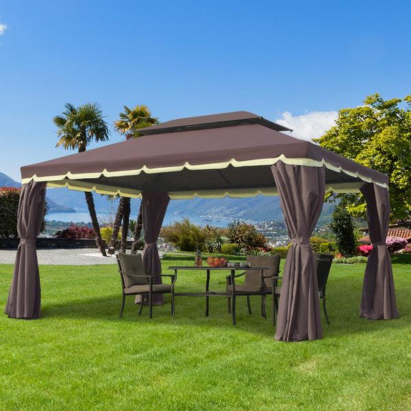 Outsunny 10' X 13' Patio Gazebo With Outdoor Canopy Shelter Aluminum Frame Netting Curtains Coffee