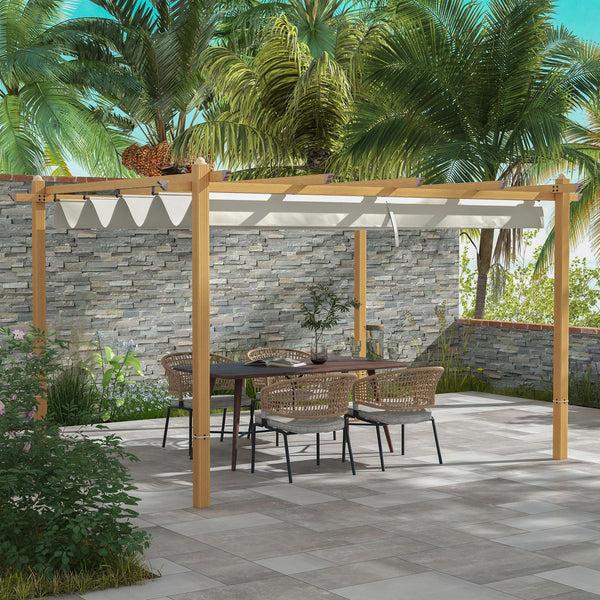 Outsunny 10' X 13' Retractable Pergola Canopy Wood Grain Aluminum Frame For Outdoor Shade Shelter Cream