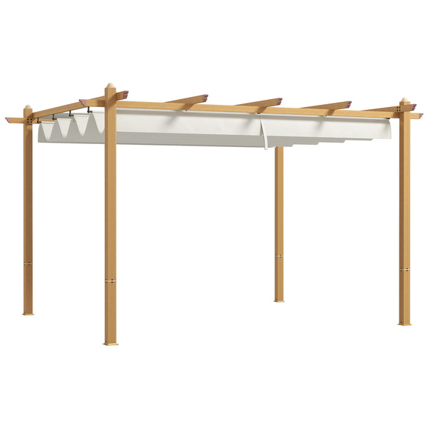 outsunny 10' x 13' Retractable Pergola Canopy Wood Grain Aluminum Frame for Outdoor Shade Shelter Cream