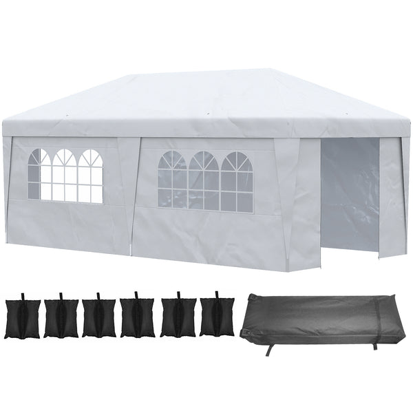 outsunny 10' x 19.5' Pop Up Canopy Tent with Height Adjustable Sidewalls Weight Bags&Carry Bag White