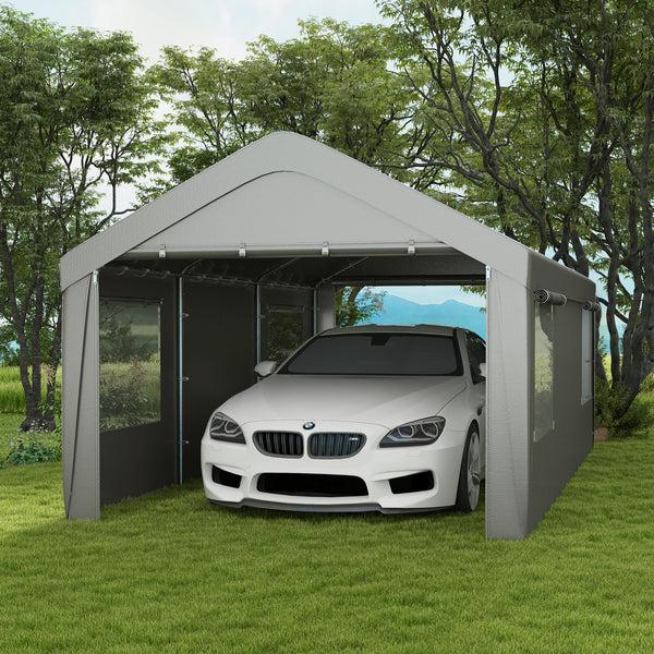Outsunny 10' X 20' Heavy Duty Portable Garage With 4 Mesh Windows & 2 Doors Gray