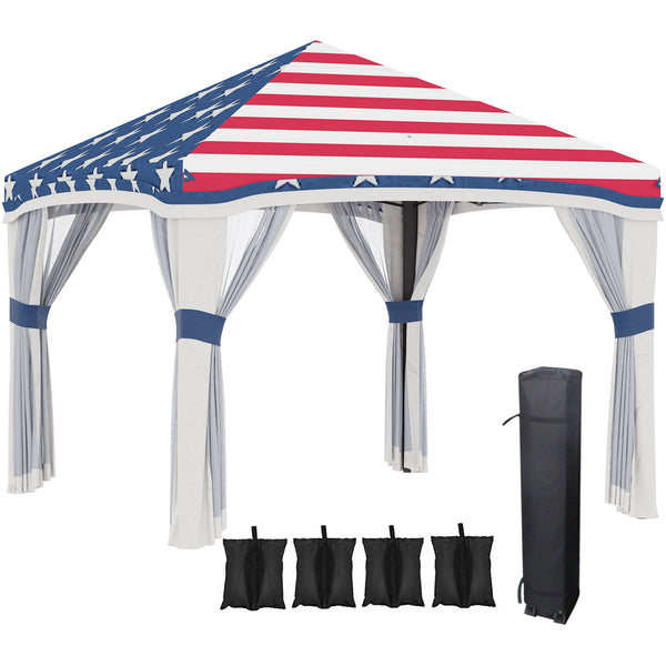 outsunny 10'x10' Instant Canopy Tent with Netting Adjustable Height & Wheeled Bag American Flag Design