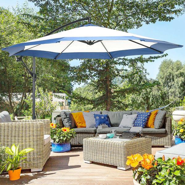 Outsunny 10FT Offset Patio Umbrella With Crank & Cross Base Navy Blue