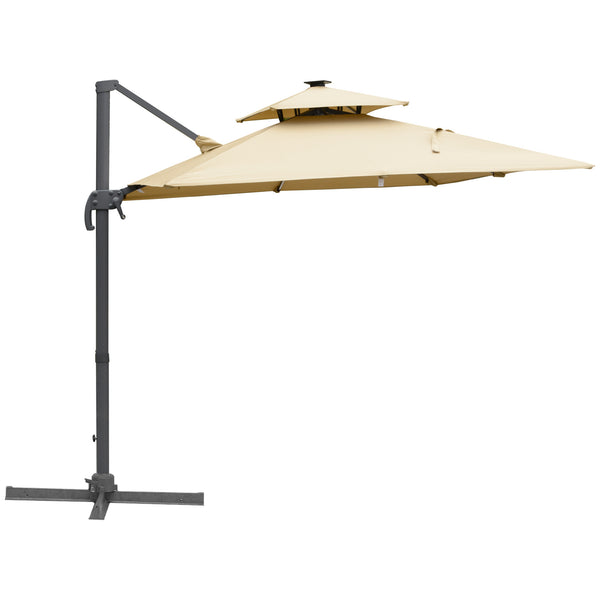 Outsunny 10ft. Solar LED Cantilever Umbrella Offset Hanging Umbrella With 360¡ãRotation Cross Base 8 Ribs Tilt And Crank For Yard Khaki