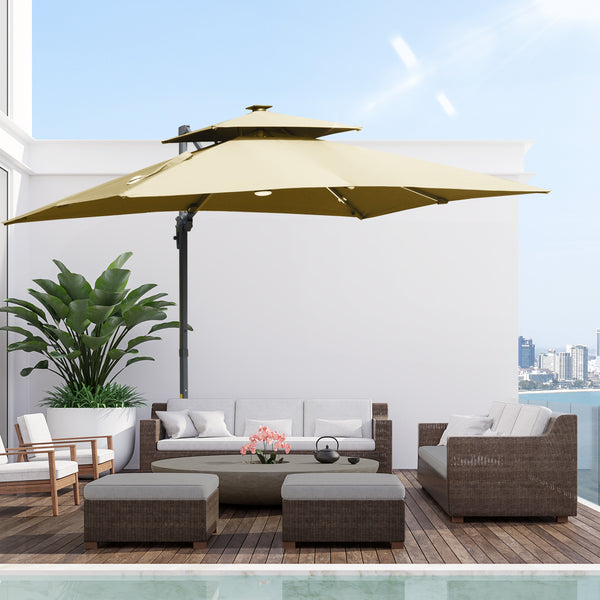 Outsunny 10ft. Solar LED Cantilever Umbrella Offset Hanging Umbrella With 360¡ãRotation Cross Base 8 Ribs Tilt And Crank For Yard Khaki
