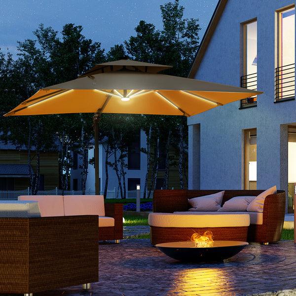 Outsunny 10ft. Solar LED Cantilever Umbrella Offset Hanging Umbrella With 360¡ãRotation Cross Base 8 Ribs Tilt And Crank For Yard Khaki