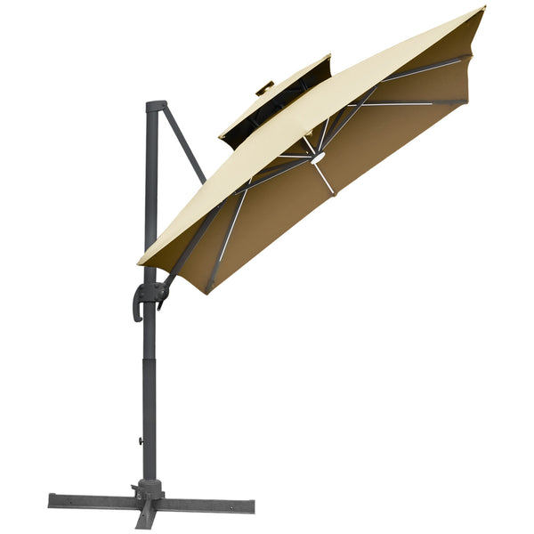 outsunny 10ft. Solar LED Cantilever Umbrella Offset Hanging Umbrella with 360¡ãRotation Cross Base 8 Ribs Tilt and Crank for Yard Khaki