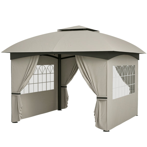 Outsunny 11' X 11' Double Roof Patio Gazebo With Curtains Church Windows Steel Frame Light Gray