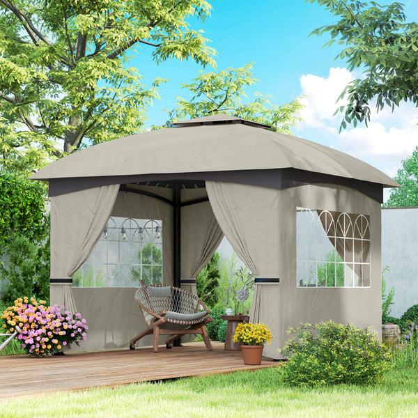 Outsunny 11' X 11' Double Roof Patio Gazebo With Curtains Church Windows Steel Frame Light Gray