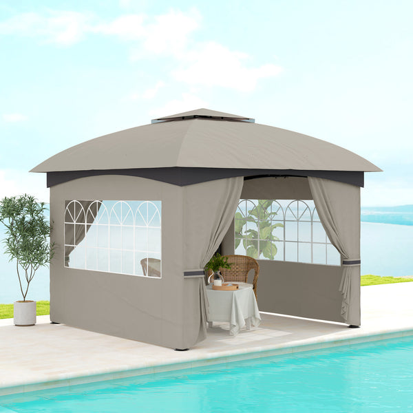 Outsunny 11' X 11' Double Roof Patio Gazebo With Curtains Church Windows Steel Frame Light Gray