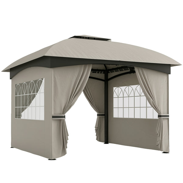 outsunny 11' x 11' Double Roof Patio Gazebo with Curtains Church Windows Steel Frame Light Gray