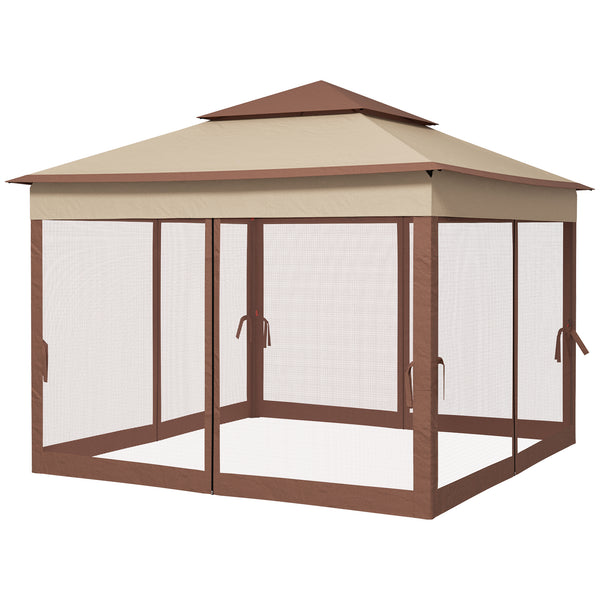 Outsunny 11' X 11' Pop-Up Canopy Gazebo With Zippered Netting And Carry Bag Khaki