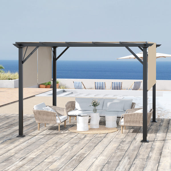 Outsunny 12' X 10' Retractable Pergola Canopy Sun Shade Unique Design Metal Shelter Beige
