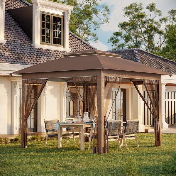 Outsunny 12' X 12' Pop-Up Canopy Tent With Netting Adjustable Height Outdoor Shelter Khaki