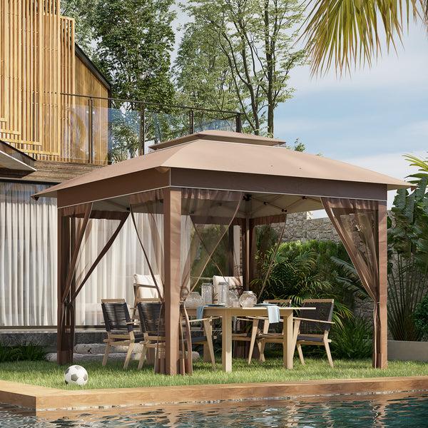 Outsunny 12' X 12' Pop-Up Canopy Tent With Netting Adjustable Height Outdoor Shelter Khaki