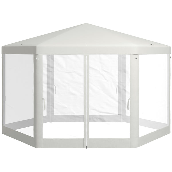 Outsunny 13' X 11' Hexagon Sun Shade Canopy With Protective Mesh Sidewalls Ropes & Stakes Cream