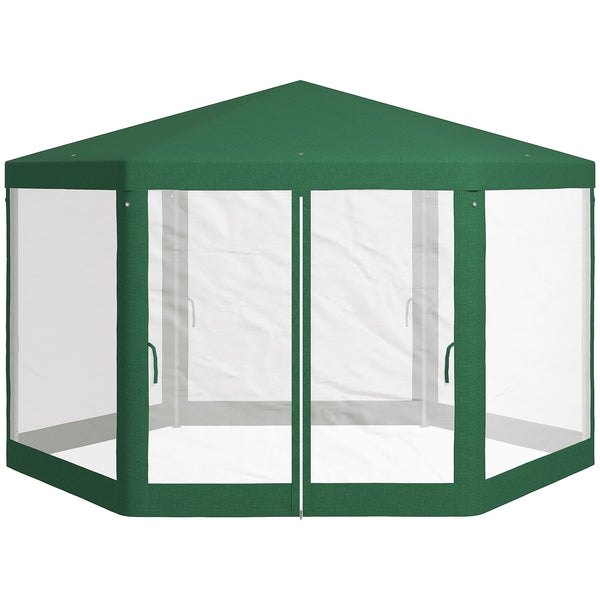 Outsunny 13' X 11' Hexagon Sun Shade Shelter Canopy With Mesh Sidewalls Ropes Stakes Green
