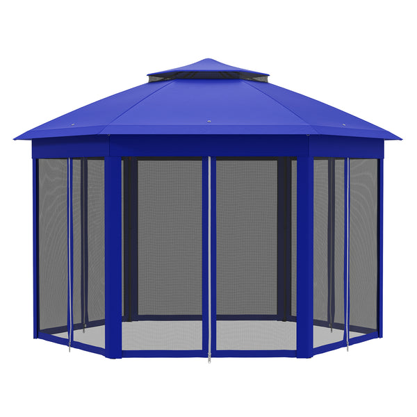 Outsunny 13' X 13' Hexagonal Pop-Up Gazebo Shelter With 6 Zippered Mesh Netting Dark Blue And Black