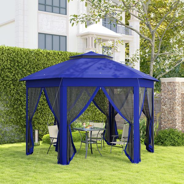 Outsunny 13' X 13' Hexagonal Pop-Up Gazebo Shelter With 6 Zippered Mesh Netting Dark Blue And Black
