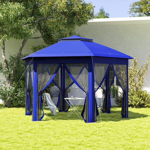 Outsunny 13' X 13' Hexagonal Pop-Up Gazebo Shelter With 6 Zippered Mesh Netting Dark Blue And Black