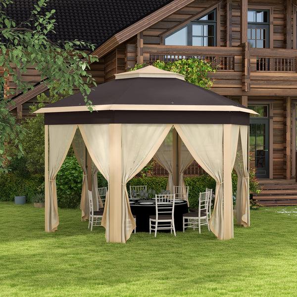 Outsunny 13' X 13' Hexagonal Pop-Up Gazebo Shelter With 6 Zippered Mesh Netting Beige