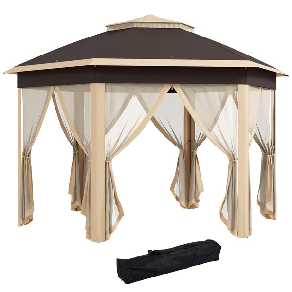 outsunny 13' x 13' Hexagonal Pop-Up Gazebo Shelter with 6 Zippered Mesh Netting Beige