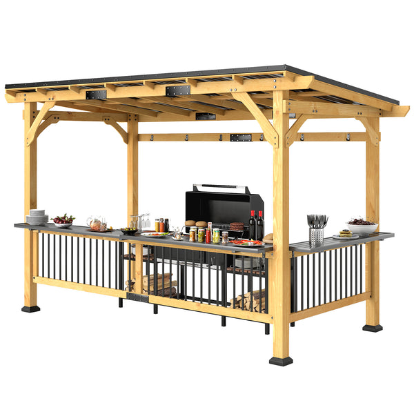 Outsunny 13' X 6' Wooden BBQ Grill Gazebo With Metal Roof 2 Bar Shelves And 6 Hooks Natural