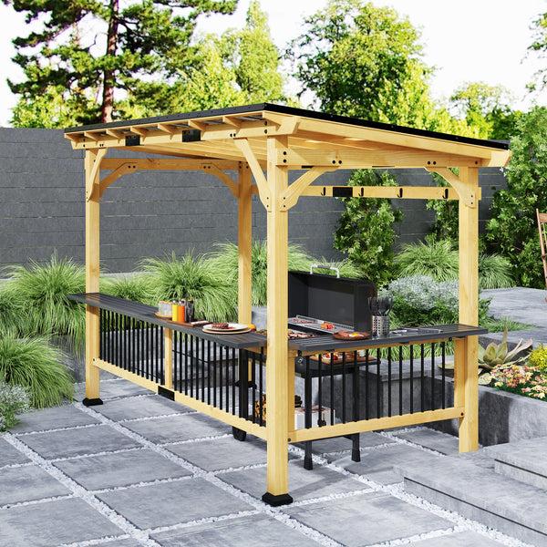 Outsunny 13' X 6' Wooden BBQ Grill Gazebo With Metal Roof 2 Bar Shelves And 6 Hooks Natural