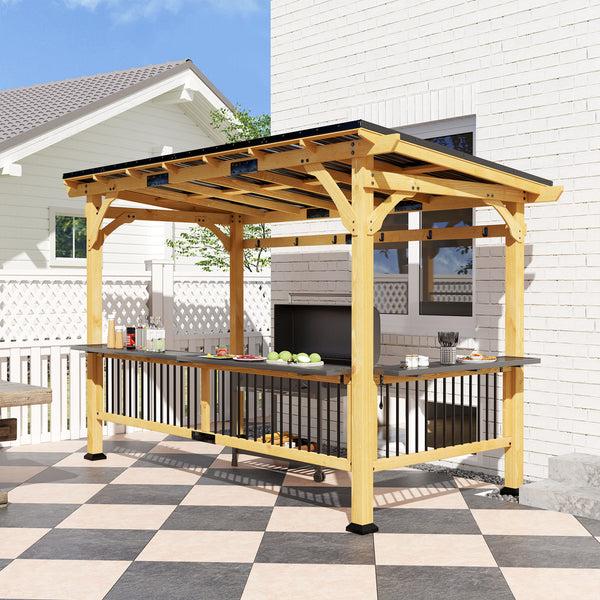 Outsunny 13' X 6' Wooden BBQ Grill Gazebo With Metal Roof 2 Bar Shelves And 6 Hooks Natural