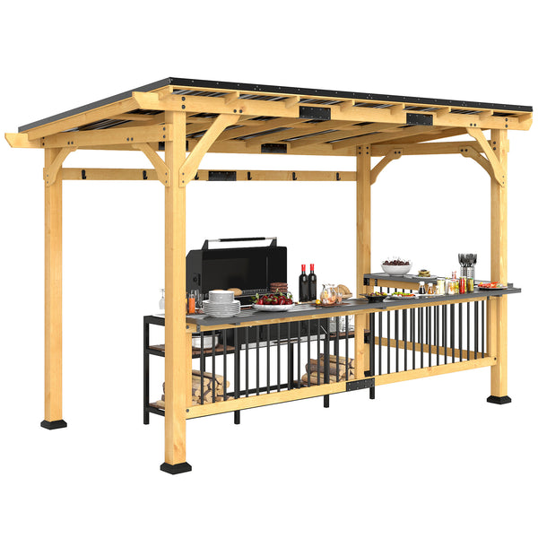 outsunny 13' x 6' Wooden BBQ Grill Gazebo with Metal Roof 2 Bar Shelves and 6 Hooks Natural