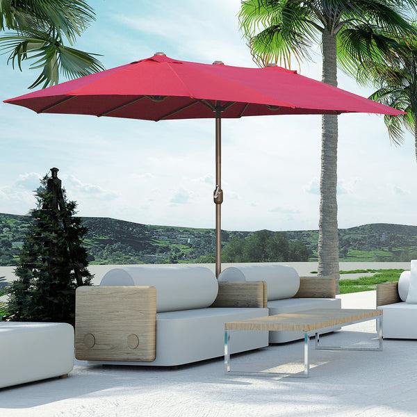 Outsunny 15' Rectangular Double-Sided Market Umbrella W/ Base UV Protection & Crank Wine Red