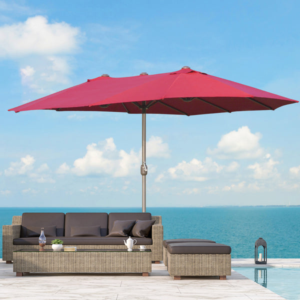 Outsunny 15' Rectangular Double-Sided Market Umbrella W/ Base UV Protection & Crank Wine Red