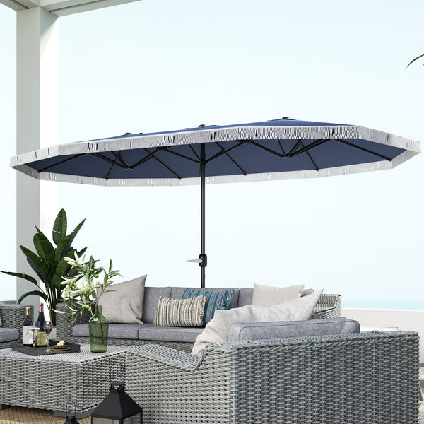 Outsunny 15ft Rectangle Patio Umbrella UPF30+ Extra Large Fringe Crank Handle Dark Blue