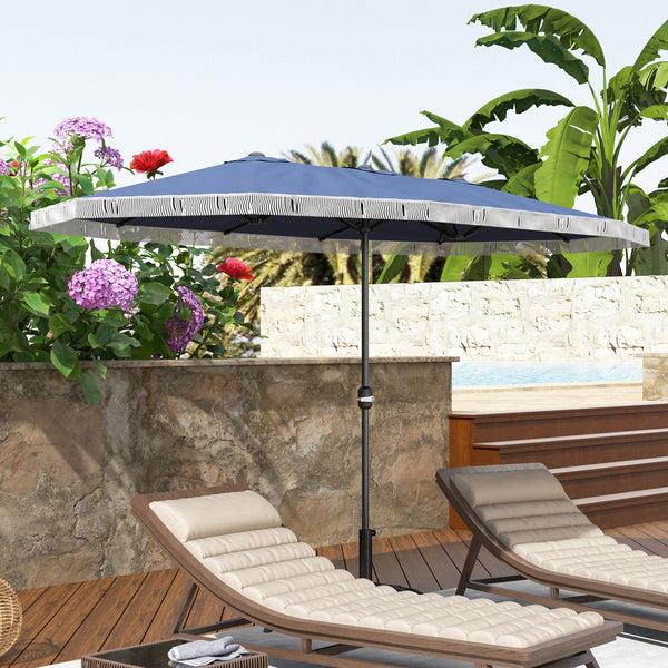 Outsunny 15ft Rectangle Patio Umbrella UPF30+ Extra Large Fringe Crank Handle Dark Blue