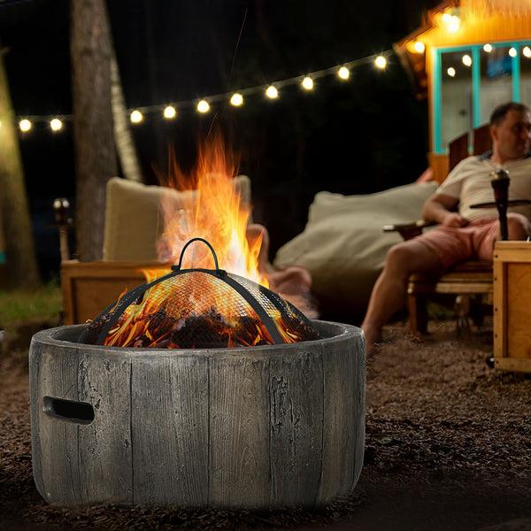 Outsunny 18 Inch Metal Wood Burning Fire Pit With Spark Cover Poker & Woodgrain Design Dark Brown